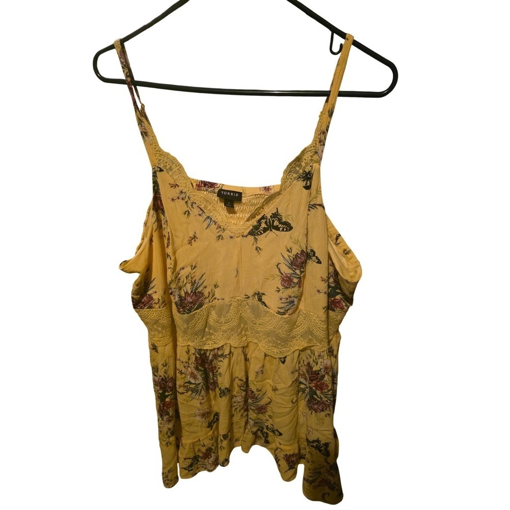 Torrid Yellow Floral Butterfly Lace Trim Cami V-Neck Smocked Plus Size 3 3X